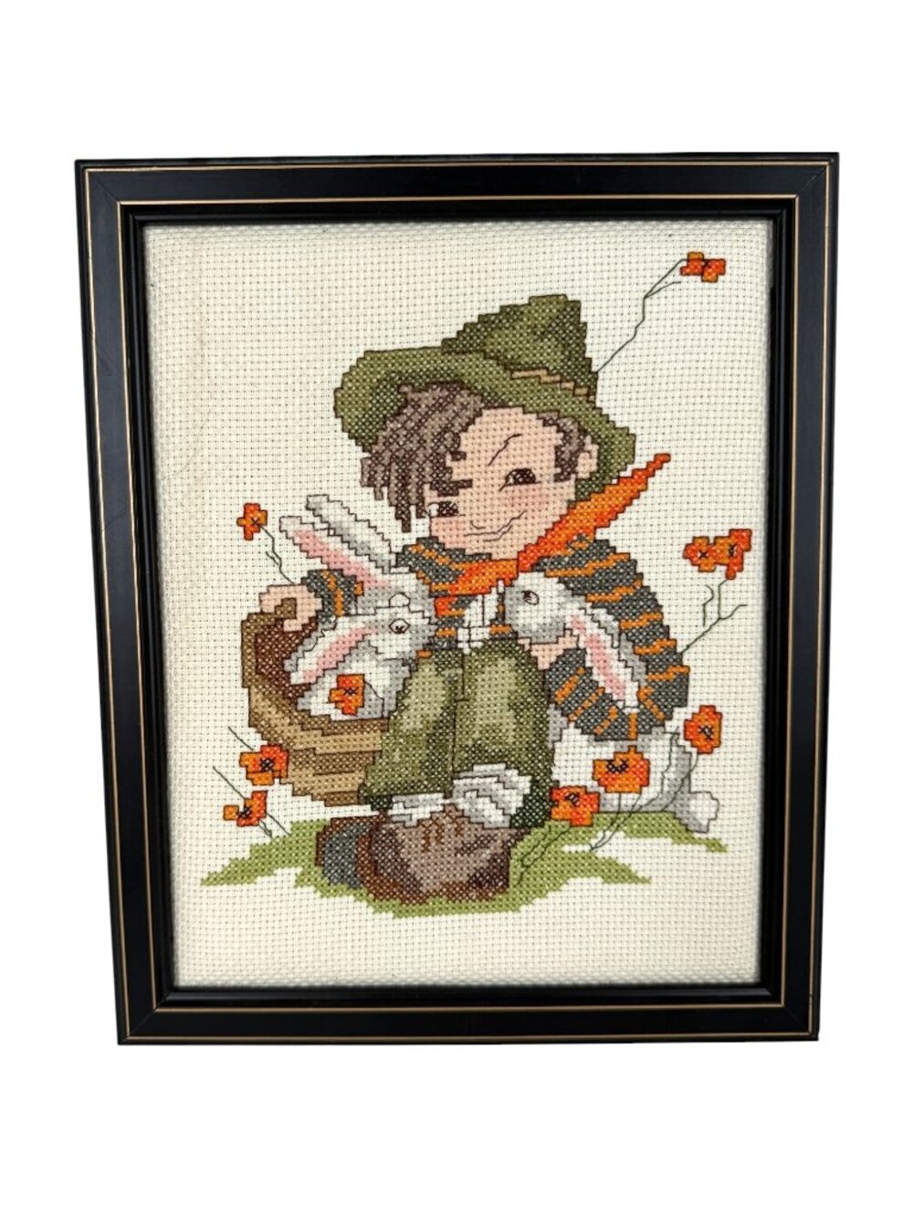 Vintage Framed Hummel Playmates Cross-Stitch Boy With Rabbits & Flower Completed